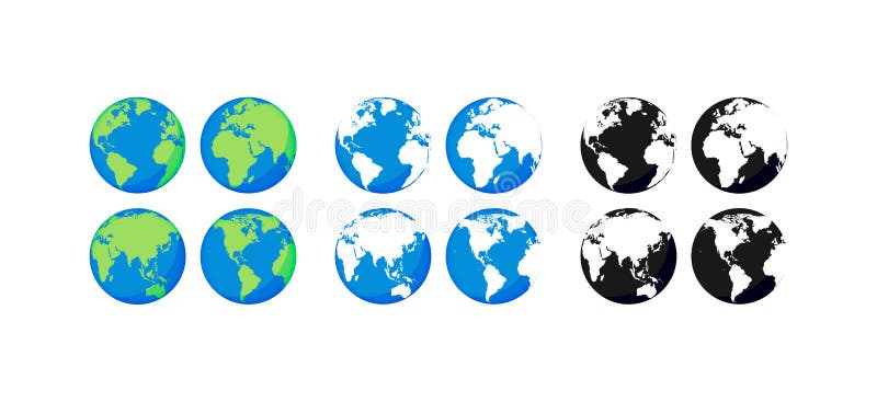 Big collection Earth globes. Black and Color Globes. Globe and Earth icon set. World map. Planet. Vector illustration