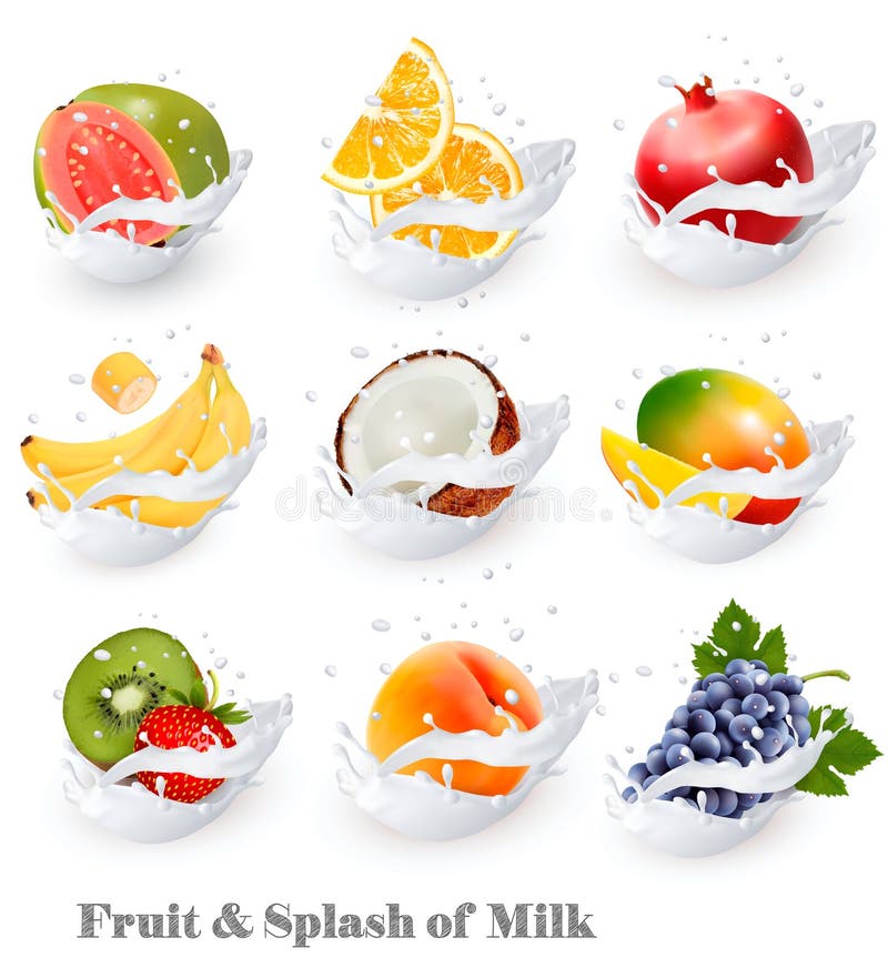 Big collection icons of fruit in a milk splash.