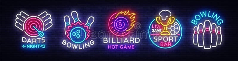 Big collection neon signs for Bowling, Darts, Billiards, Football Pub. Set Logos neon, light emblems signs and symbols