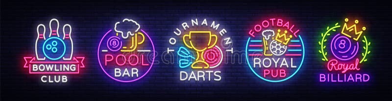 Big collection neon signs for Bowling, Darts, Billiards, Football Pub. Set Logos neon, light emblems signs and symbols