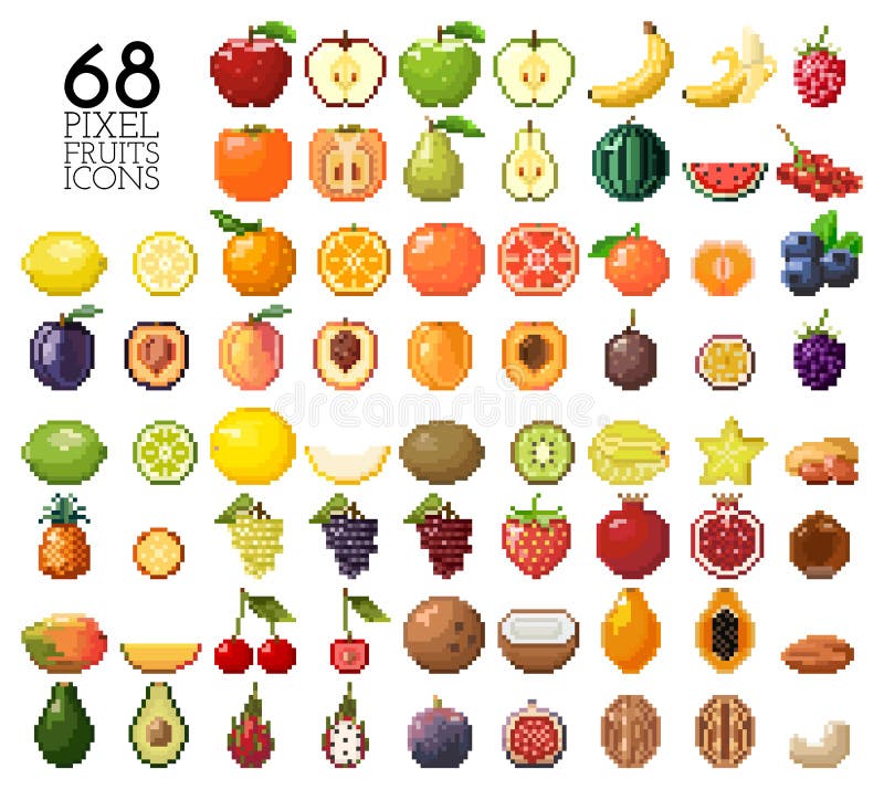 Set of pixel art fruits icon. 32x32 pixels. Vector illustration on