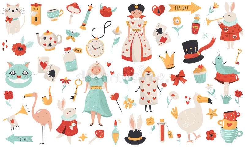 Big collection with symbols and characters of Alice in Wonderland.