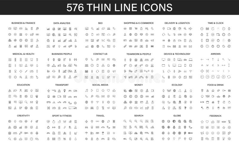Big collection of 576 thin line icon. Web icons. Business, finance, seo, shopping, logistics, medical, health, people, teamwork