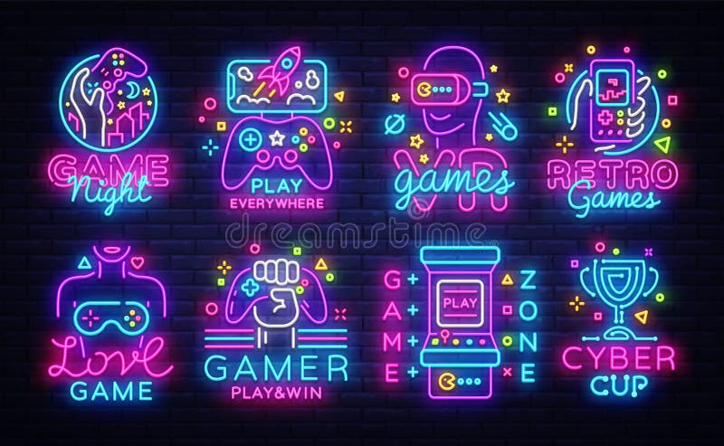 Big Collection Video Games Logos Vector Conceptual Neon Signs. Video Games Emblems Design Template, modern trend design