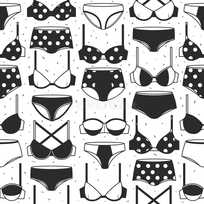 Women`s bras and panties. Black and white decorative background. Seamless pattern with lady`s lingerie stock illustration Women`s bras and panties. Black and white decorative background. Seamless pattern with lady`s lingerie stock illustration