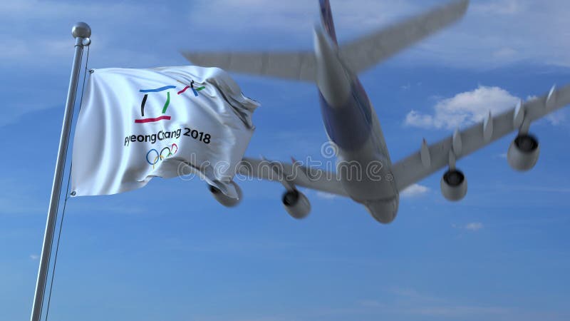 Big commercial airplane traveling to South Korea over waving flag with 2018 Winter Olympics 2018 logo. Editorial 3D stock photo Big commercial airplane traveling to South Korea over waving flag with 2018 Winter Olympics 2018 logo. Editorial 3D stock photo