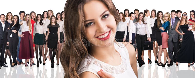 Big crowd of business people and young women foreground. Isolated over white background