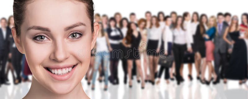 Big crowd of business people and young women foreground. Isolated over white background