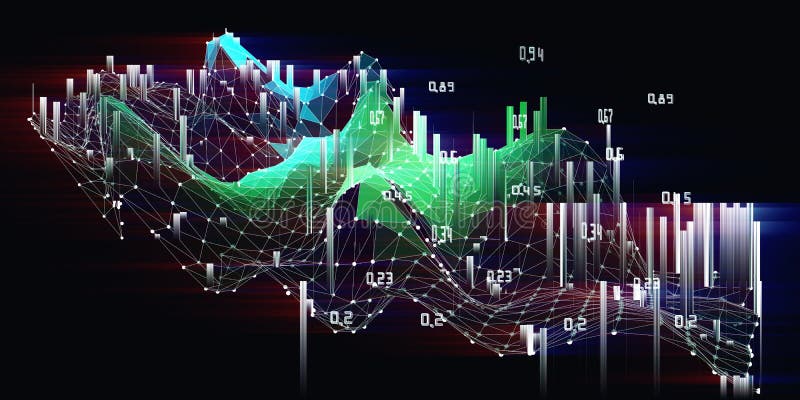 Big data. Abstract background polygonal wave grid with data and blurred lines on dark. Concept blockchain. Banner for business vector illustration.