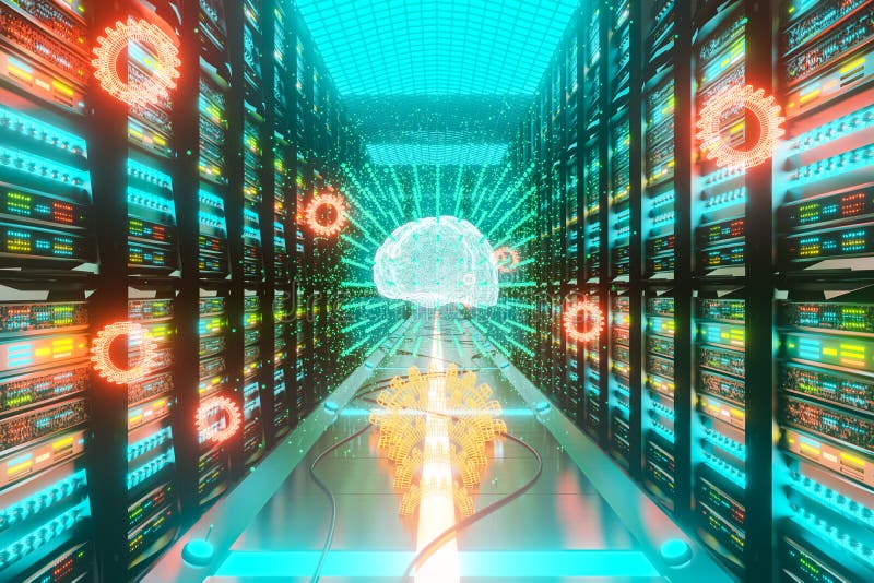 Big data an AI learning concept in server center vector illustration