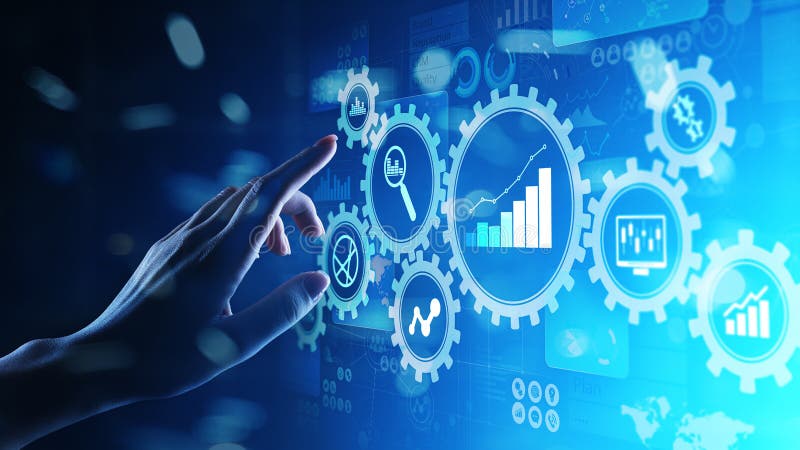 Big Data-analyse, de diagrammen van Bedrijfsprocesanalytics met toestellen en pictogrammen op het virtuele scherm Big Data-analyse, de diagrammen van Bedrijfsprocesanalytics met toestellen en pictogrammen op het virtuele scherm