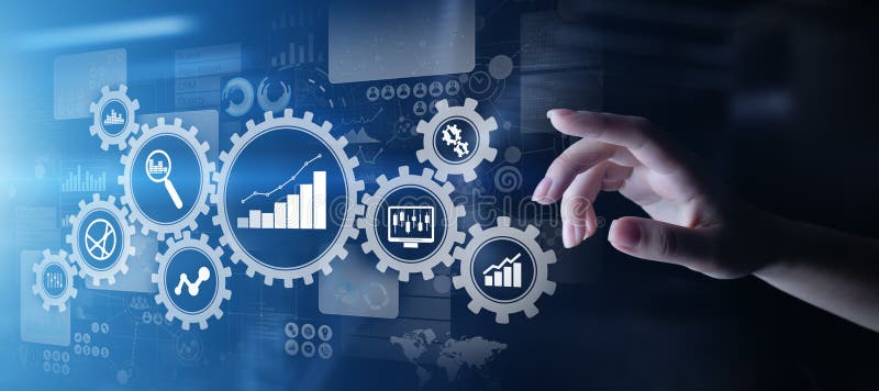 Big Data-analyse, de diagrammen van Bedrijfsprocesanalytics met toestellen en pictogrammen op het virtuele scherm royalty-vrije illustratie Big Data-analyse, de diagrammen van Bedrijfsprocesanalytics met toestellen en pictogrammen op het virtuele scherm royalty-vrije illustratie