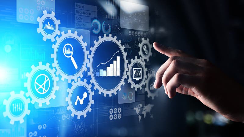 Big Data analysis, Business process analytics diagrams with gears and icons on virtual screen. stock photography
