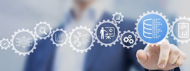 Big data, data analytics and AI concept. Person touching icons about database, data engineering, computing, analyzing, machine stock illustration