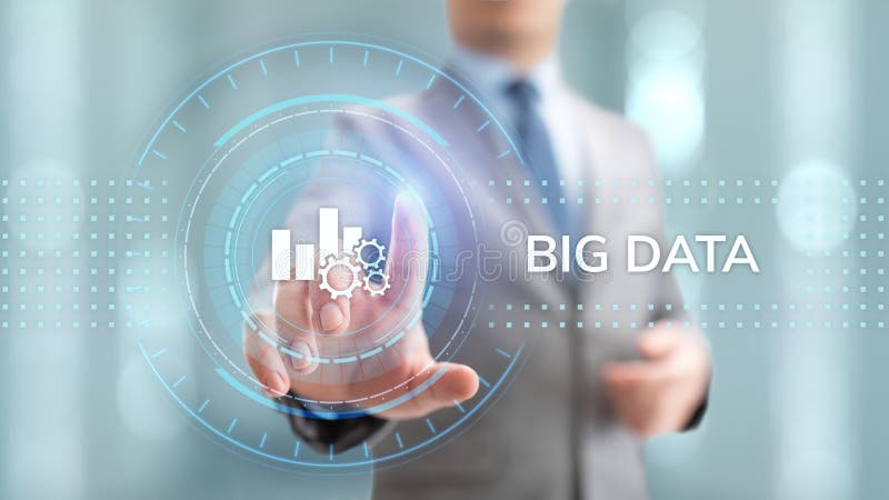 Big data analytics technology internet technology concept. Businessman pressing button on virtual screen. vector illustration Big data analytics technology internet technology concept. Businessman pressing button on virtual screen. vector illustration