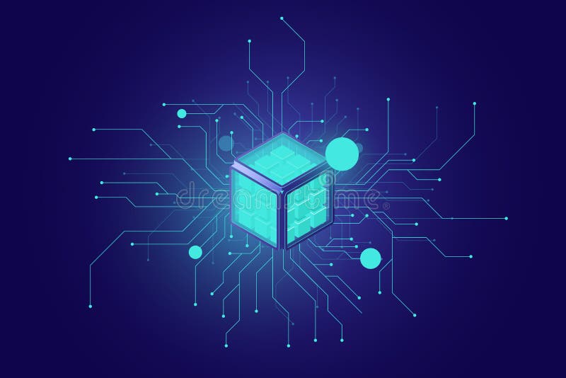 Big data, artificial intelligence ai isometric icon, neural network, information processing, cloud technologies dark stock illustration