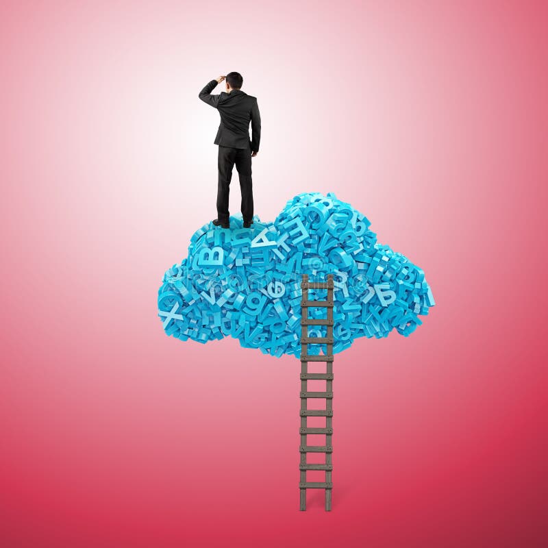 Big data. Businessman standing on 3d characters blue cloud royalty free stock photography Big data. Businessman standing on 3d characters blue cloud royalty free stock photography