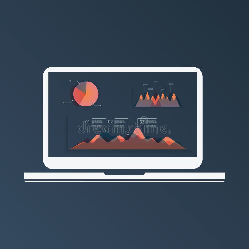 Big data computer analysis infographcis template with graphs and pie chart on laptop screen. Modern technology stock illustration Big data computer analysis infographcis template with graphs and pie chart on laptop screen. Modern technology stock illustration