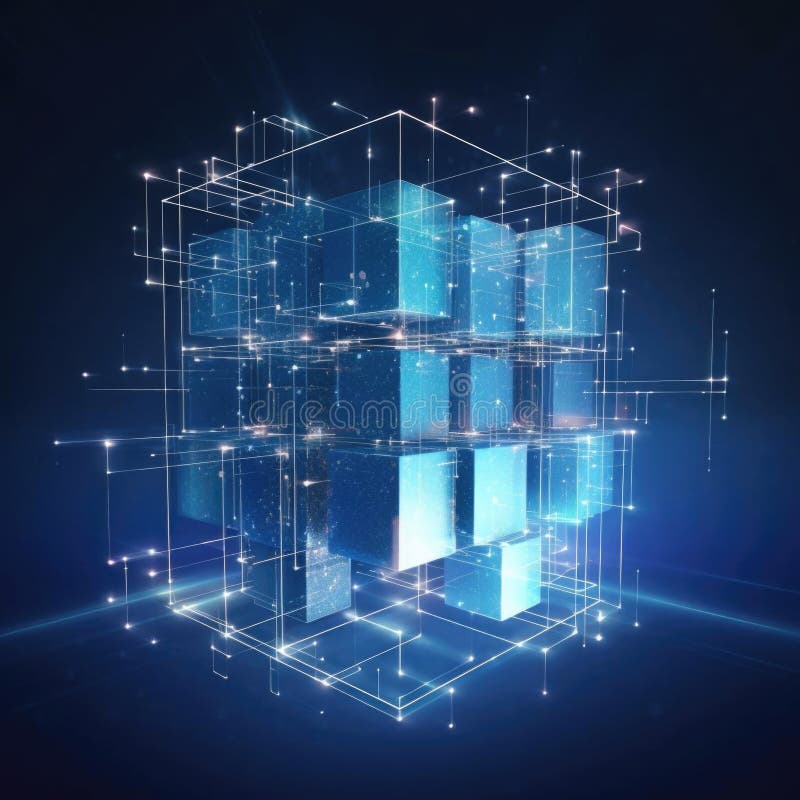 Big data cube made of glowing particles. Isometric bright box with reflection. From Chaos to order. Machine learning vector illustration