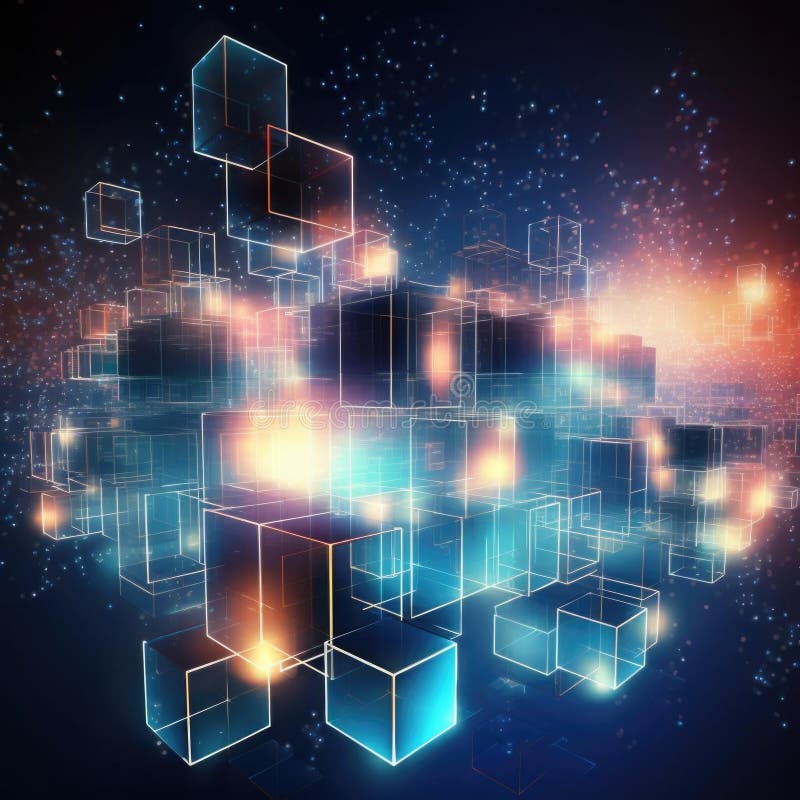 Big data cube made of glowing particles. Isometric bright box with reflection. From Chaos to order. Machine learning stock illustration