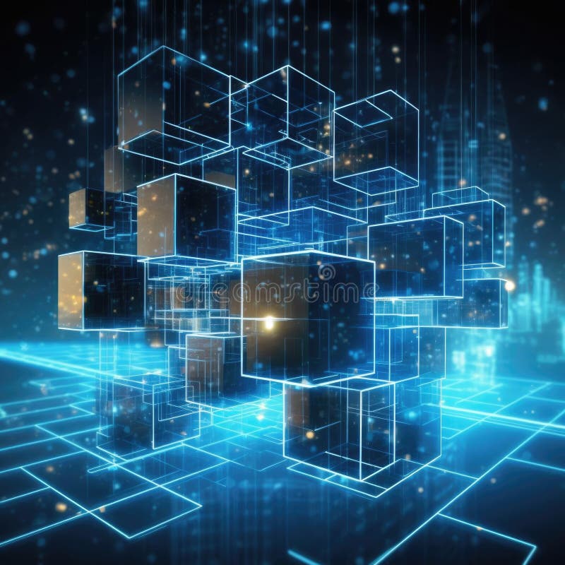 Big data cube made of glowing particles. Isometric bright box with reflection. From Chaos to order. Machine learning. Technology, digital database, network and blockchain connection AI generated