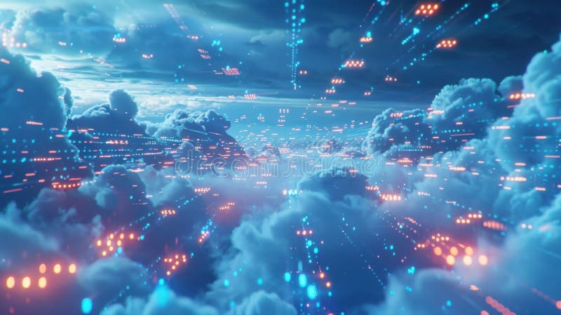 Big data is flowing through a cloud computing network at night, creating a futuristic cityscape in the sky with glowing lights and digital information streams. Blockchain network analysis stock images, royalty-free photos and pictures