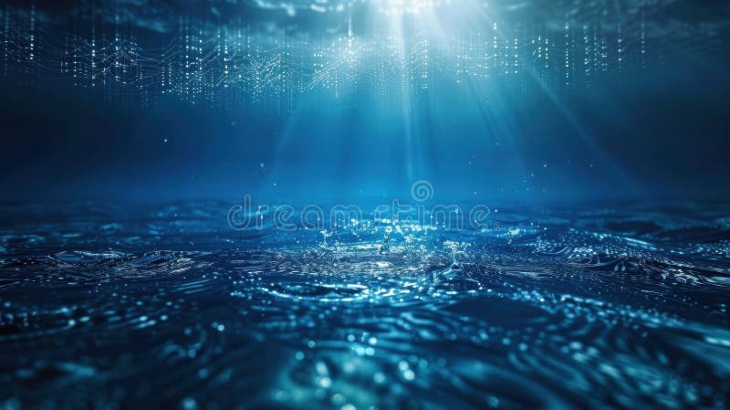 Big data flowing underwater with light beams and ripples creating a futuristic scene stock photography
