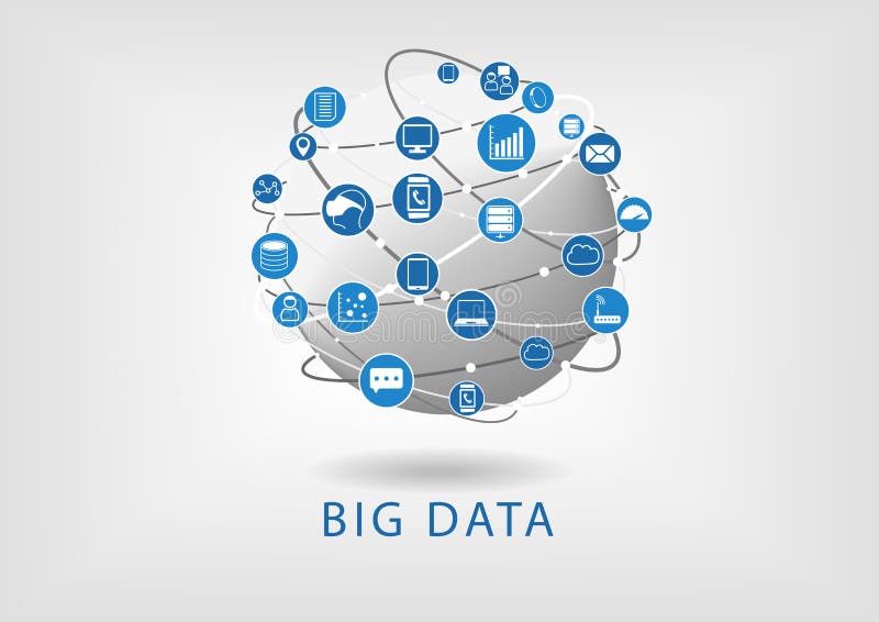 Big data and globe flat design illustration showing connectivity between different devices and information stock illustration