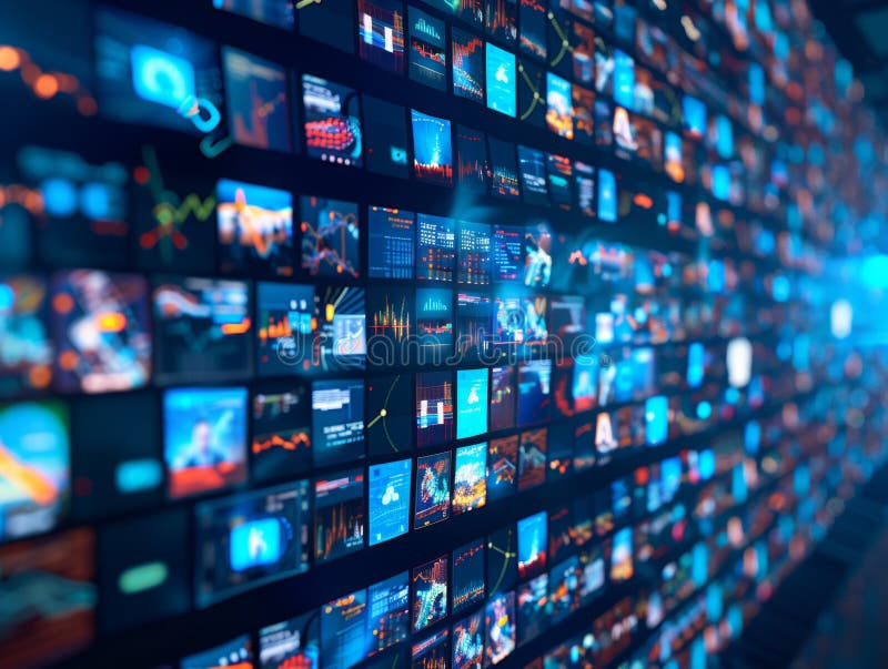 Big data information stream flowing on multiple screens showing charts and statistics stock photo