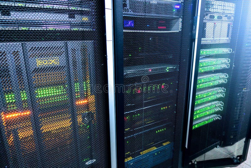 Big data and information technology concept. Supercomputer data center. Multiple exposure. Server room in data center full of tele