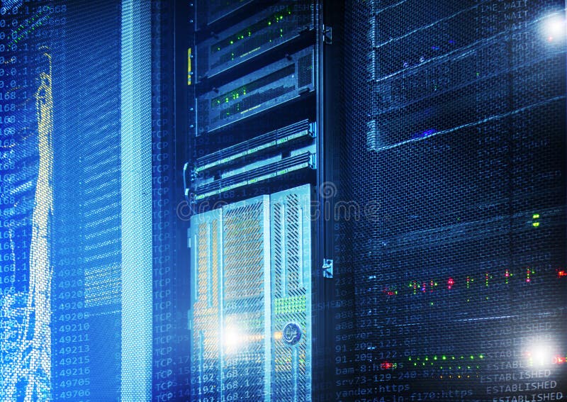 Big data and information technology concept. Supercomputer data center. Multiple exposure. Web network, internet telecommunication