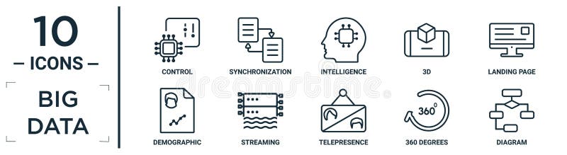 Big. data linear icon set. includes thin line control, intelligence, landing page, streaming, 360 degrees, diagram, demographic vector illustration