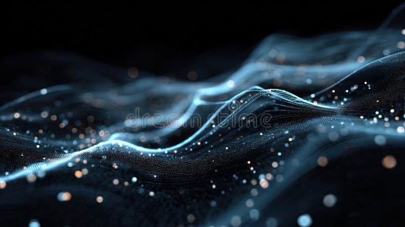 Big data, network connections, digital information flow. Wavy, glowing lines and tiny particles create a futuristic, high-tech stock photography