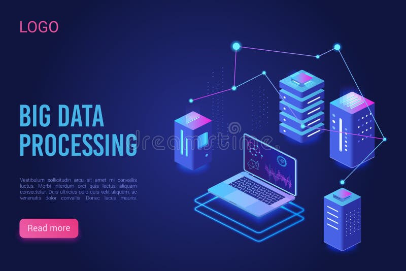 Big data processing and analysing landing page vector template. Analytics data servers, Server room banner, web hosting vector illustration