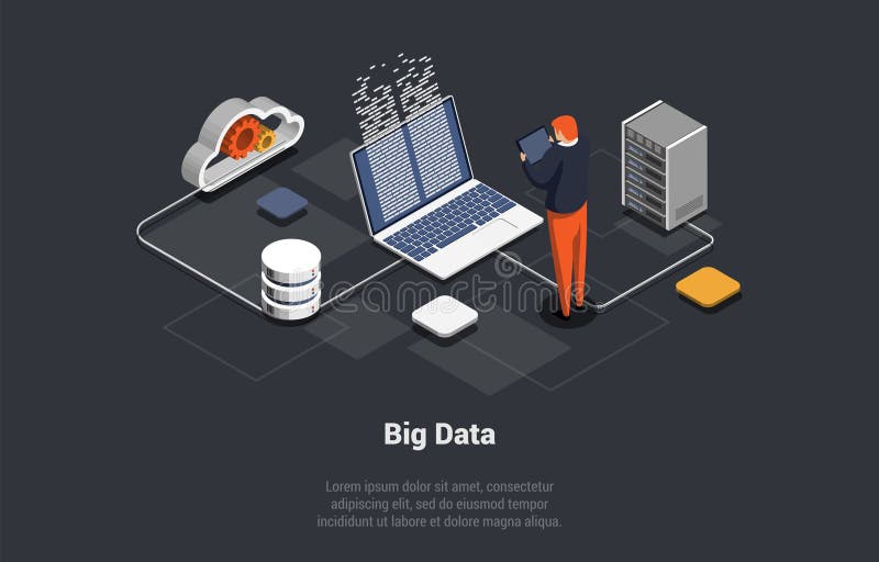Big Data Processing Center, Cloud Database. Server Room With Hardware Racks or Web Hosting. Man Controls of Working Big royalty free illustration