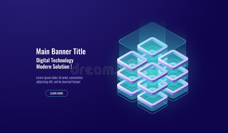 Big data processing, data security concept, isometric icon, database server room, datawarehouse and cloud storage dark vector illustration