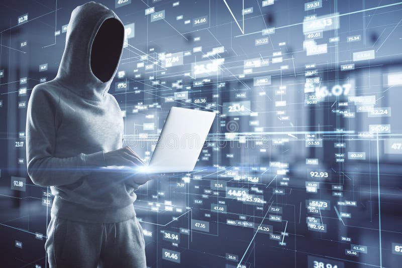 Big data security concept with noface hacker with laptop and digital virtual space with glowing numbers and indicators stock image