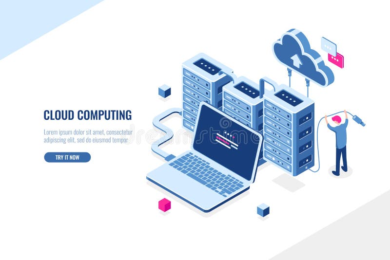 Big data source, data center, cloud computing and cloud storage isometric concept, server room rack, man engineer, flat stock illustration