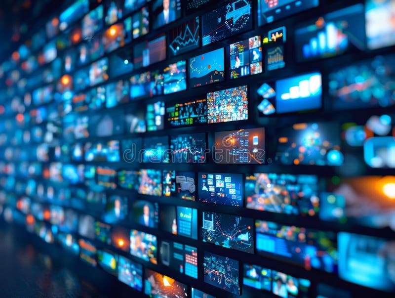 Big data stream displaying on multiple screens showing analytics information stock images