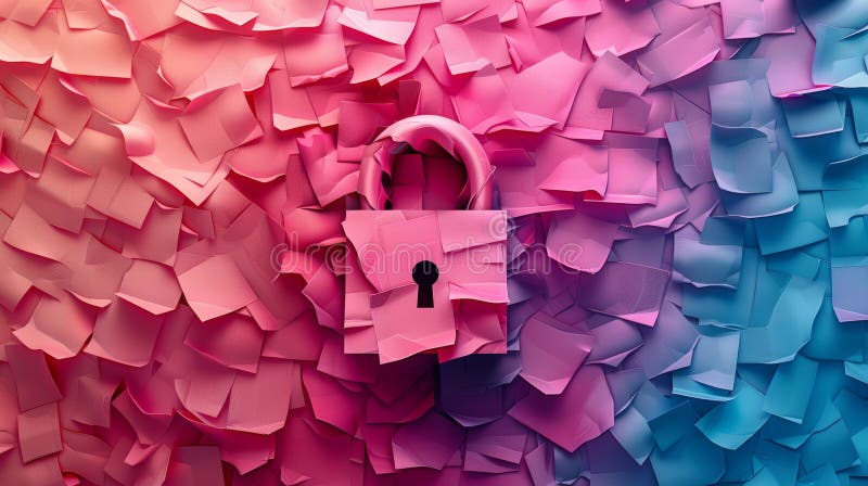Big Data Technology and Cyber Security Concept with Paper Art - Colorful Lock and Data Representation stock illustration