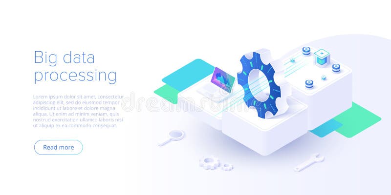 Big data technology in isometric vector illustration. Information storage and analysis system. Digital technology web banner vector illustration
