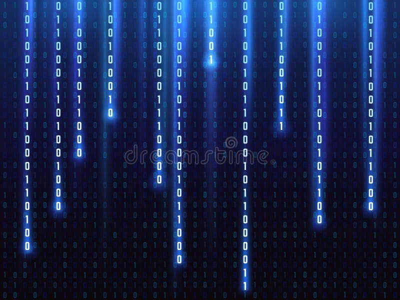 Big data vector concept with falling down glowing binary numbers. Digital matrix computer background stock illustration