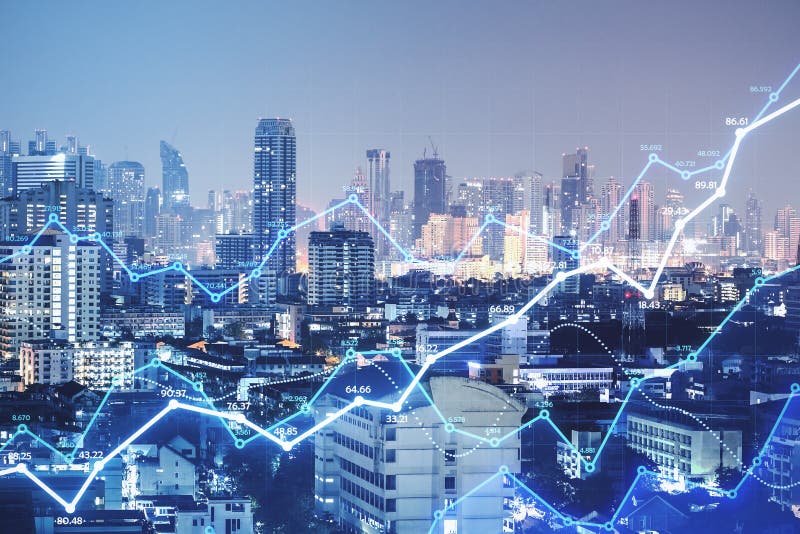 Big data visualization concept with glowing digital growing graphs at abstract city background. Double exposure. Glowing analytics stock images, royalty-free photos and pictures