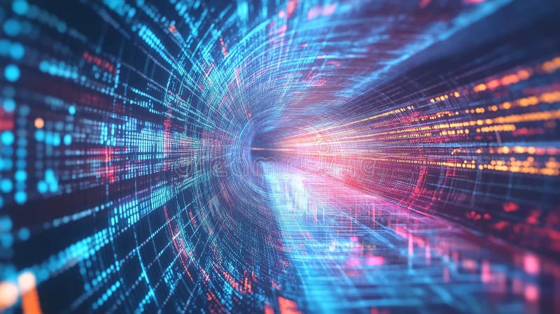 Big Data Visualization: Expansive, multi-colored data streams flowing through abstract tunnels royalty free stock image