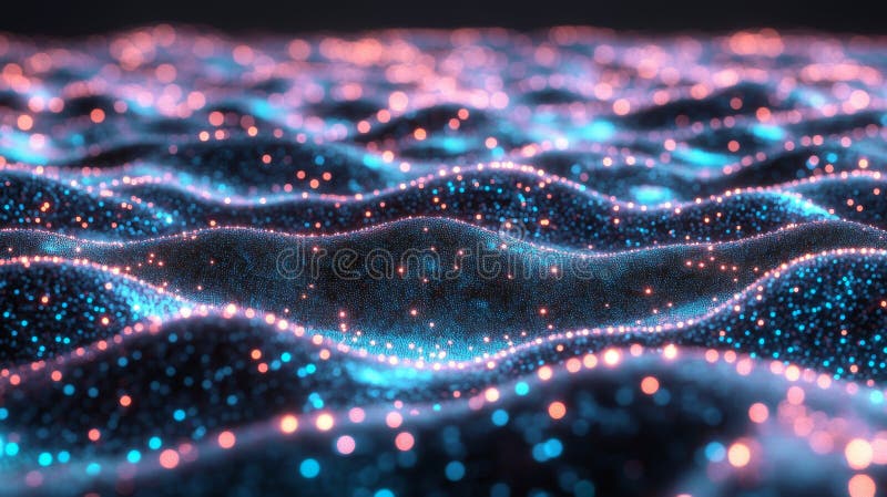 This big data visualization shows abstract streams of information, ball arrays, and binary code. It filters machine stock image