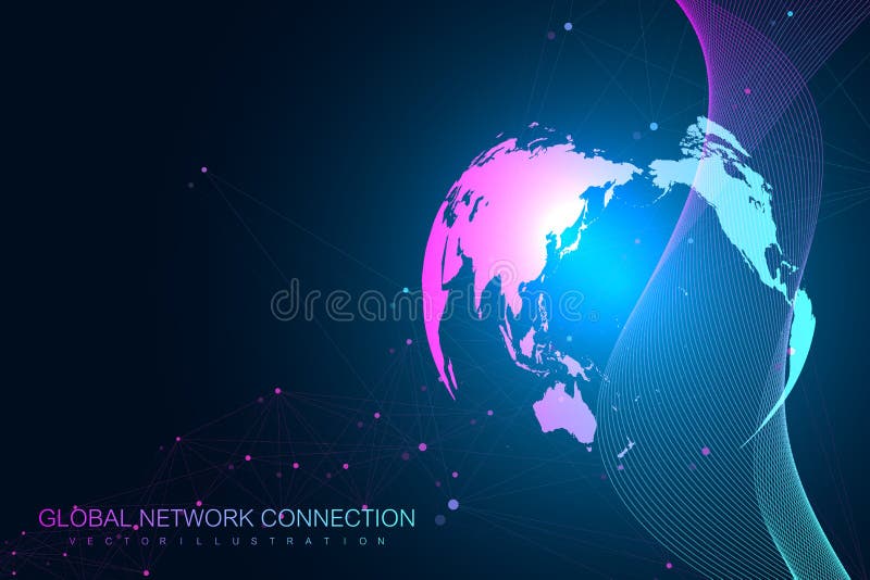 Big data visualization with a world globe. Abstract vector background with dynamic waves. Global network connection vector illustration Big data visualization with a world globe. Abstract vector background with dynamic waves. Global network connection vector illustration
