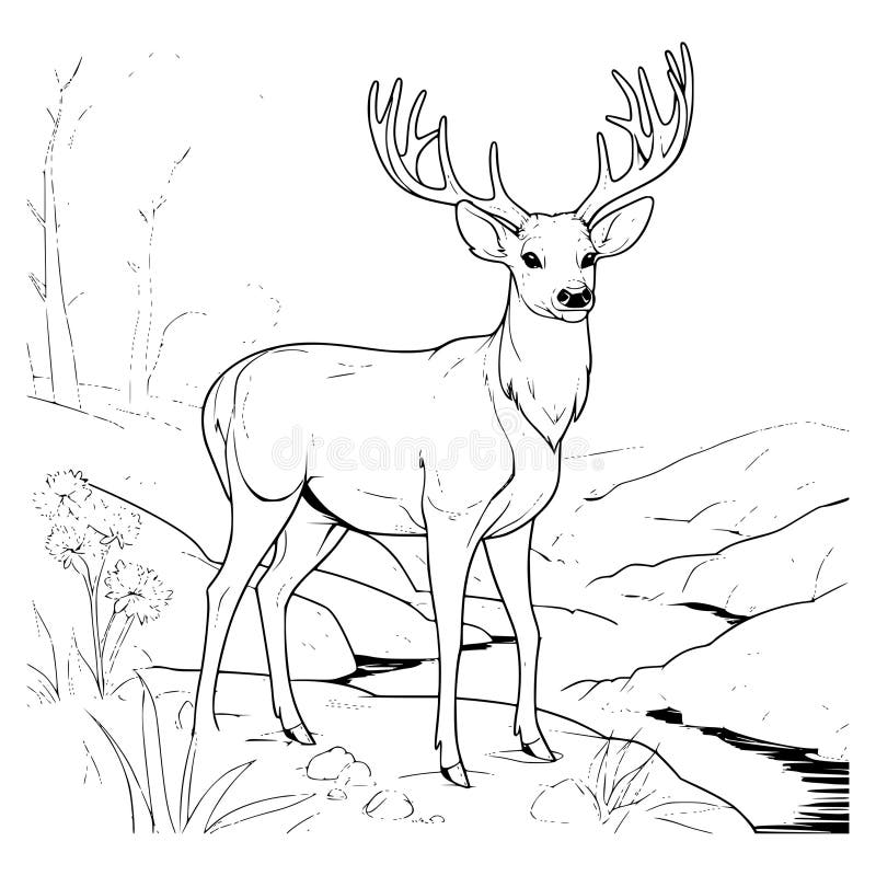 Big Deer on the River Bank Coloring Page Drawing for Kids Stock Vector