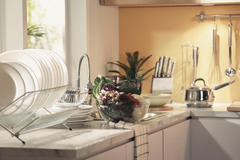 Vegetable Bowl Near by Dishes Stack Stock Photo Image of healthy