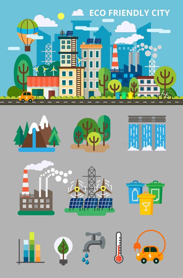 Big ecology set for info graphis. Landscape with ecology concept. Ecofriendly city with buildings, transport and nature stock illustration Big ecology set for info graphis. Landscape with ecology concept. Ecofriendly city with buildings, transport and nature stock illustration