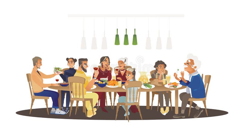 Big family dinner around table with food, many people eating a meal and talking together, happy cartoon characters during group lunch or celebration, isolated vector illustration on white background